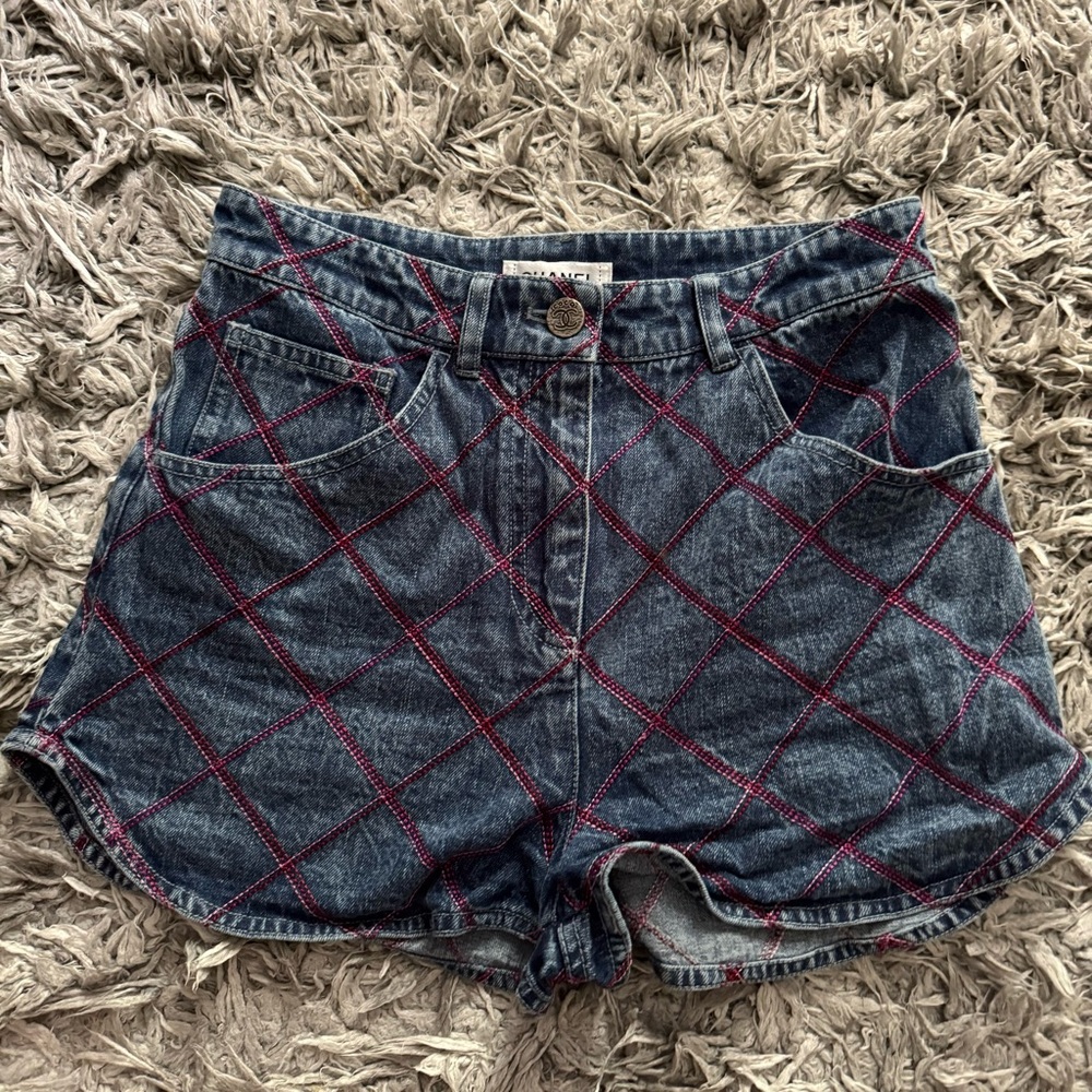 CHANEL Blue and Red Jean Shorts with Quilted Design